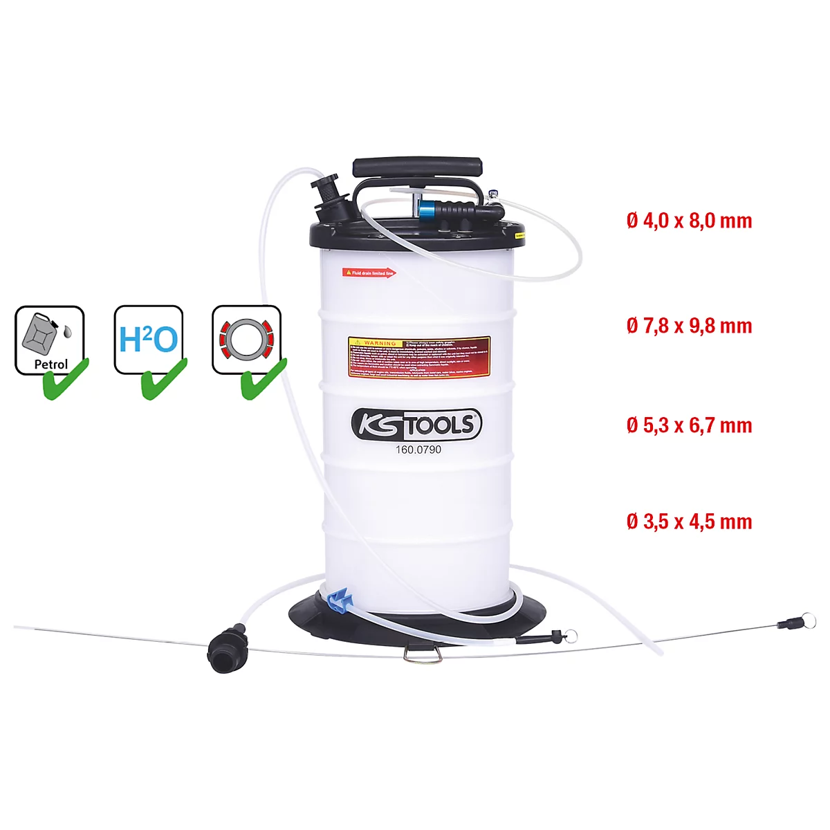 Weiße Ölabsaugpumpe mit schwarzen Elementen, Schläuchen und Griff. Größenangaben am Rand. Geeignet für Benzin, Wasser und Dichtungen.